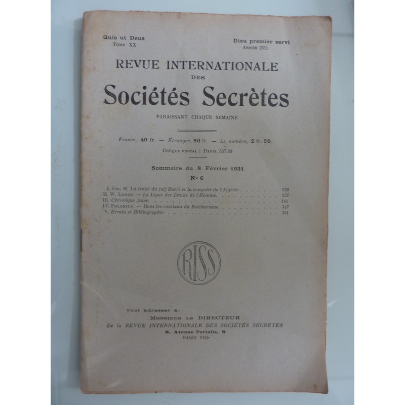 REVUE INTERNATIONAL DES SOCIETES SECRETES Tome XX  8 Fevrier 1931