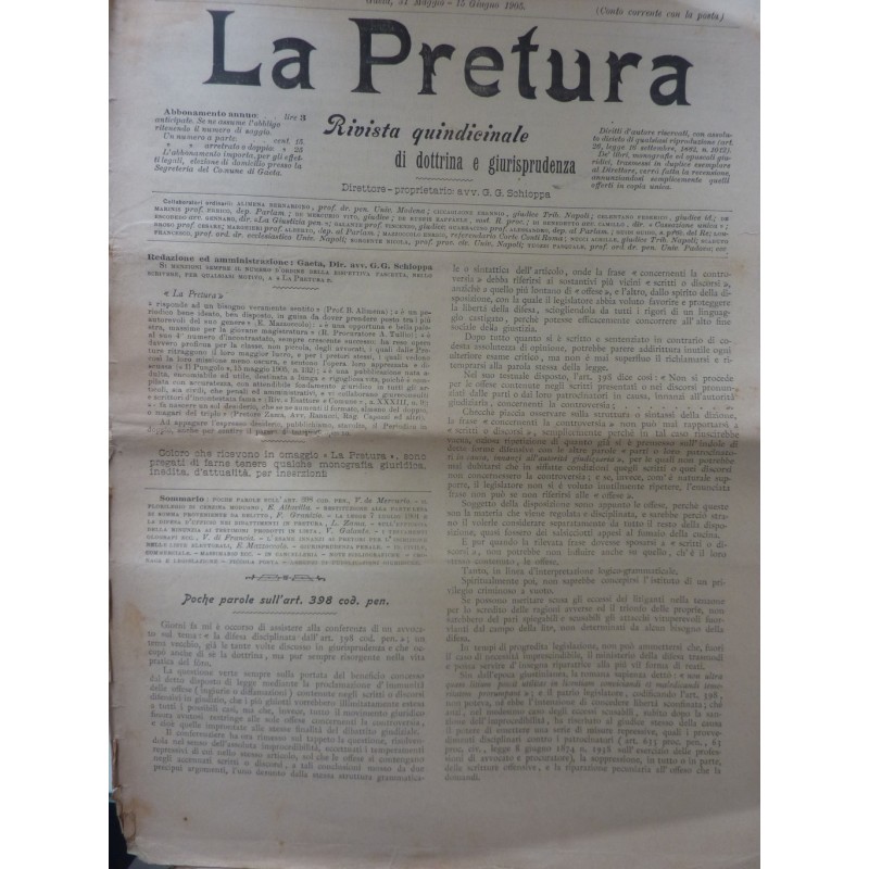 LA PRETURA Quindicinale di Dottrina e Giurisprudenza  Anno 1 n.°  6 - 7 Gaeta 31 Maggio  - 15 Giugno 1905