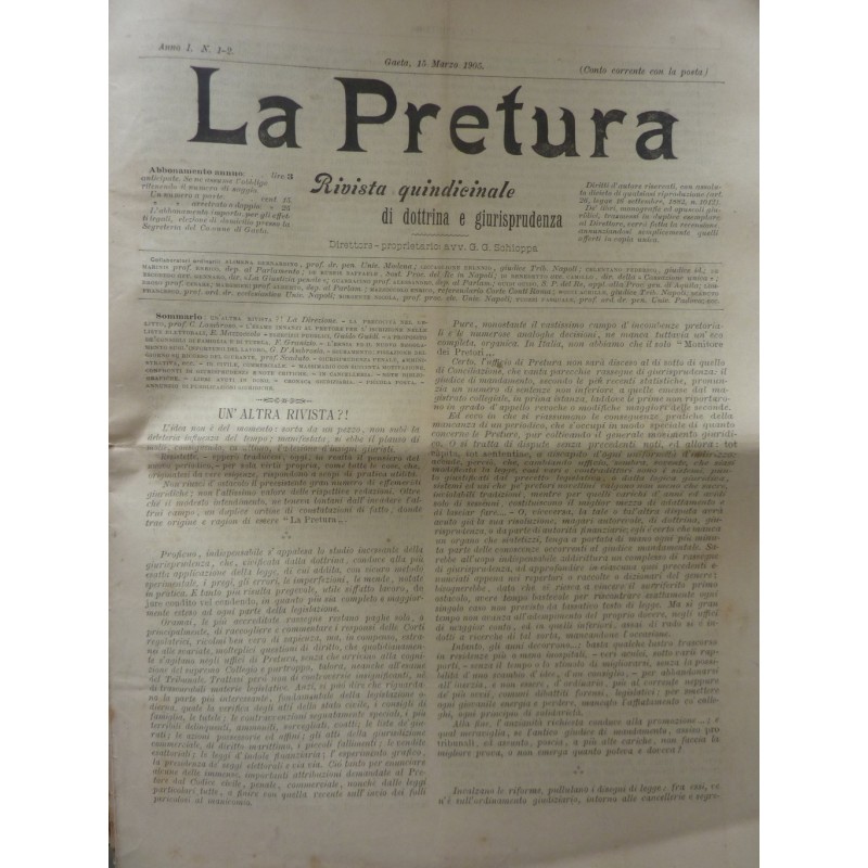 LA PRETURA Quindicinale di Dottrina e Giurisprudenza  Anno 1 n.°  1 - 2 Gaeta 15 Marzo 1905