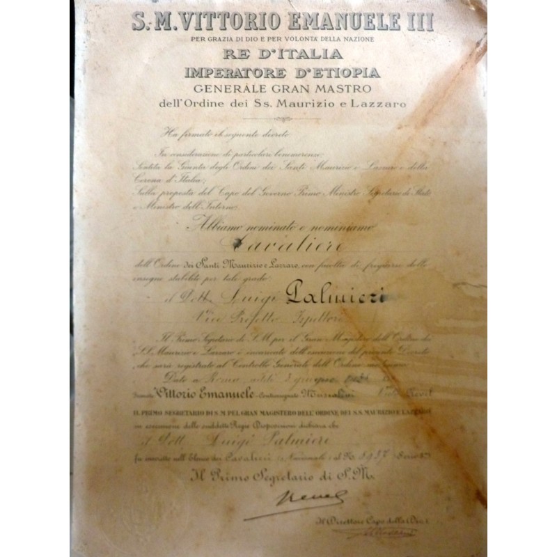 Diploma Nomina Cavaliere "Ordine dei SS. Maurizio e  Lazzaro" Roma 3 Giugno 1938