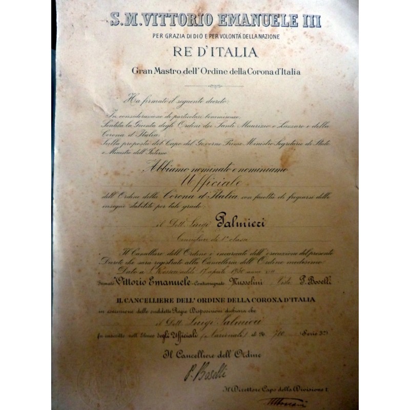 Diploma Nomina Ufficiale "Ordine della Corona d'Italia" Roma, 17 Aprile 1930