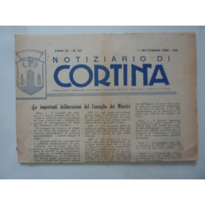 Anno III n.° 53 NOTIZIARIO DI CORTINA  1° Settembre 1938 - XVI