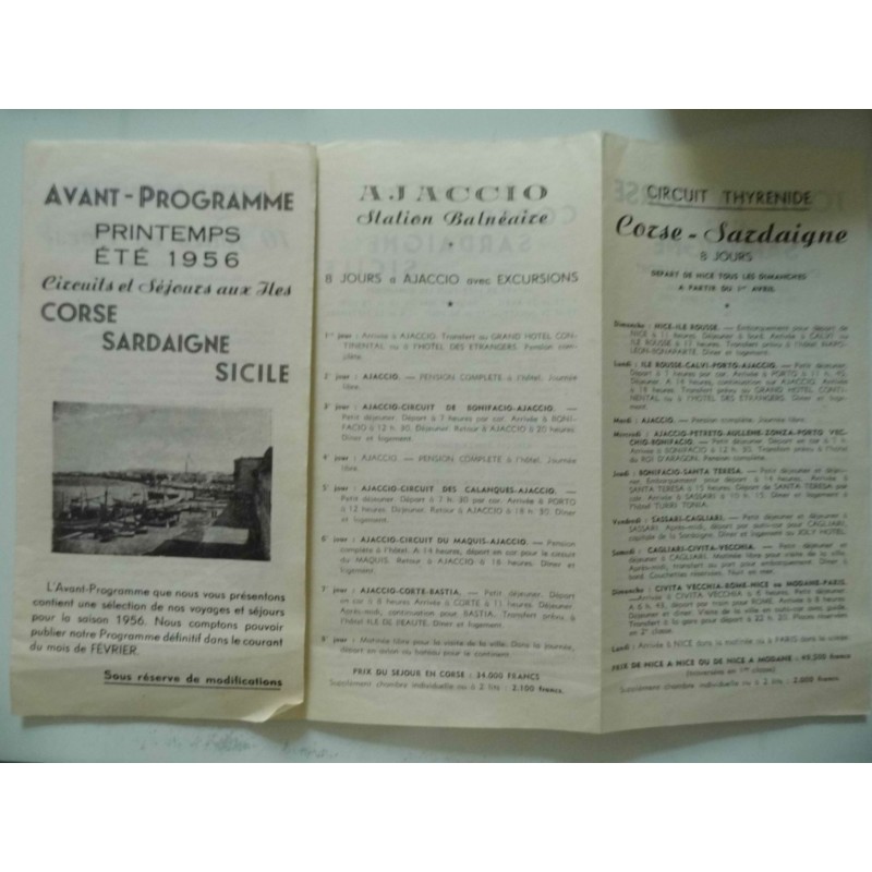 AVANT PROGRAMME PRINTEPS ETE' 1956 Circuits de Sejours aux les Iles CORSE SARDAIGNE SICILIE TRANSCAR Paris