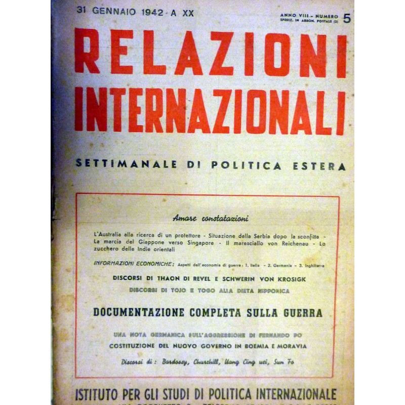 RELAZIONI INTERNAZIONALI Anno VIII Numero 5 31 Gennaio 1942