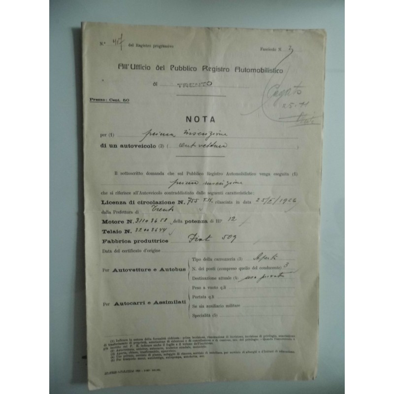 Ufficio del Publico Registro Automobilistico di Trento PRIMA ISCRIZIONE FIAT 509 25/11/1927