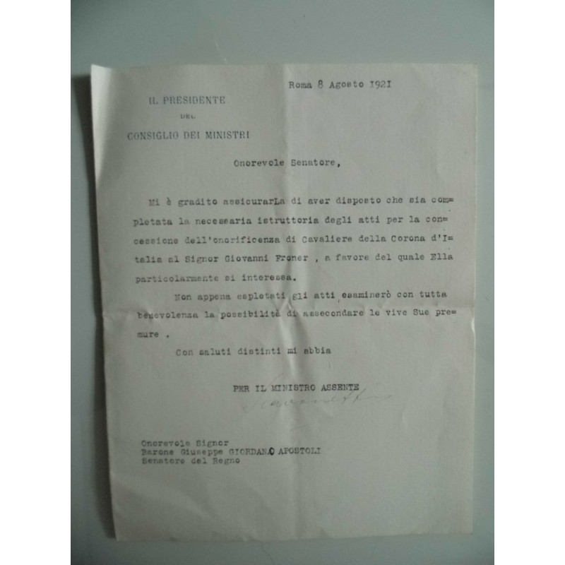 Lettera "Presidenza Consiglio dei Ministri CONCESSIONE ONORIFICENZA CAVALIERE DELLA  CORONA D'ITALIA  AL CAV. GIOVANNI FRONER  P