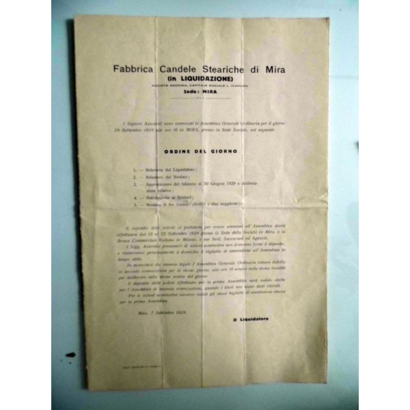 LIQUIDAZIONE FABBRICA CANDELE STEARICHE DI MIRA 7 Settembre 1929