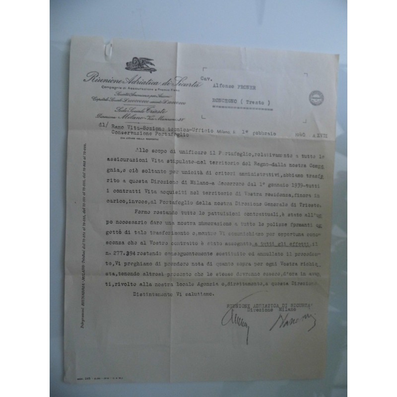 Lettera "RIUNIONE ADRIATICA DI SICURTA'  10 Febbraio 1940 PORTAFOGLIO CLIENTE"