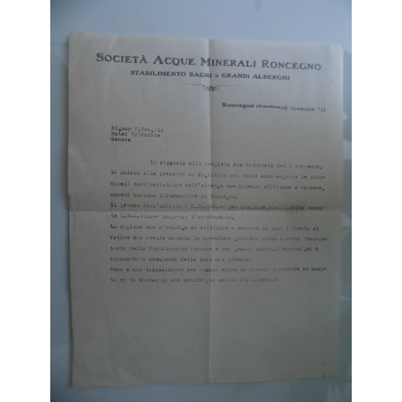 Lettera commerciale "SOCIETA' ACQUE MINERALI RONCEGNO Stabilimenti Bagni e Grandi Alberghi - RONCEGNO ( Trentino ) 25 Novembre 1