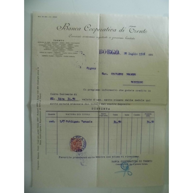 Lettera commerciale "Banca Cooperativa di Trento - Filiale Borgo 20 Luglio 1920"