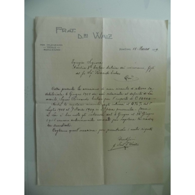 Lettera Commerciale "FRAT. D.RI WAIZ RONCEGNO 18 Marzo 1909"