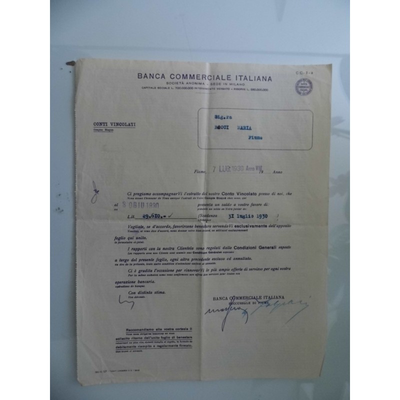 Lettera "BANCA COMMERCIALE ITALIANA SUCCURSALE DI FIUME 31 Luglio 1930"