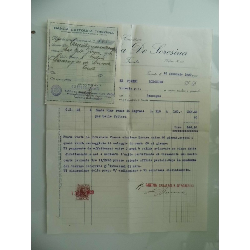 Fattura "CANTINA GARAVAGLIA DE SORESINA Trento 13 Febbraio 1929"