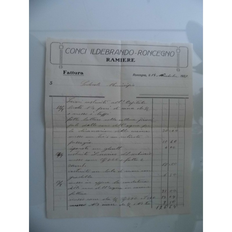 Fattura "CONCI ILDEBRANDO - RONCEGNO RAMIERE 14 Novembre 1929"