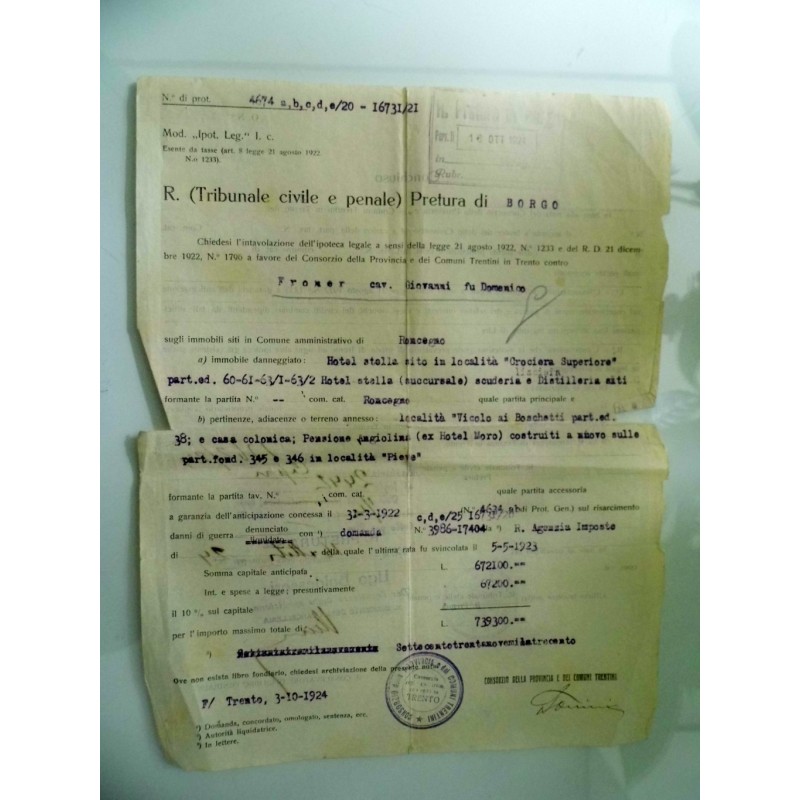 REGIA PRETURA DI BORGO  ( Tribunale Civile e Penale )  IPOTECA LEGALE HOTEL "STELLA" Proprietario Cav. Giovanni Froner Trento 3 