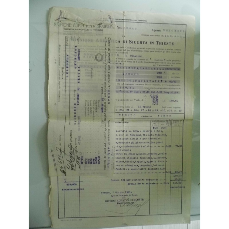 POLIZZA RIUNIONE ADRIATICA DI SICURTA' IN TRIESTE  - DANNI INCENDIO TRENTO 7 Giugno 1923 Assicurato GIOVANNI FRONER, Roncegno