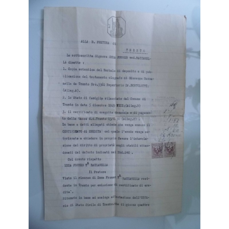 R. PRETURA DI TRENTO - DIRITTO EREDITA' EMMA FRONER - RONCEGNO ( Trento )  26 Novembre 1930