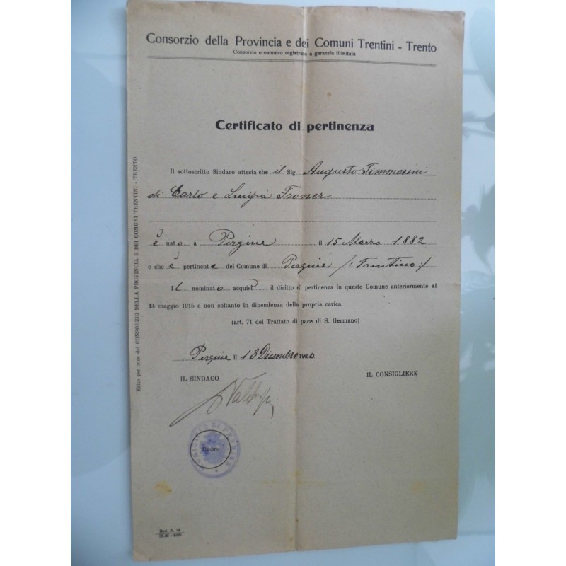Consorzio della  Provincia dei Comuni Trentini - Trento CERTIFICATO DI PERTINENZA  Pergine  13 Dicembre 1920