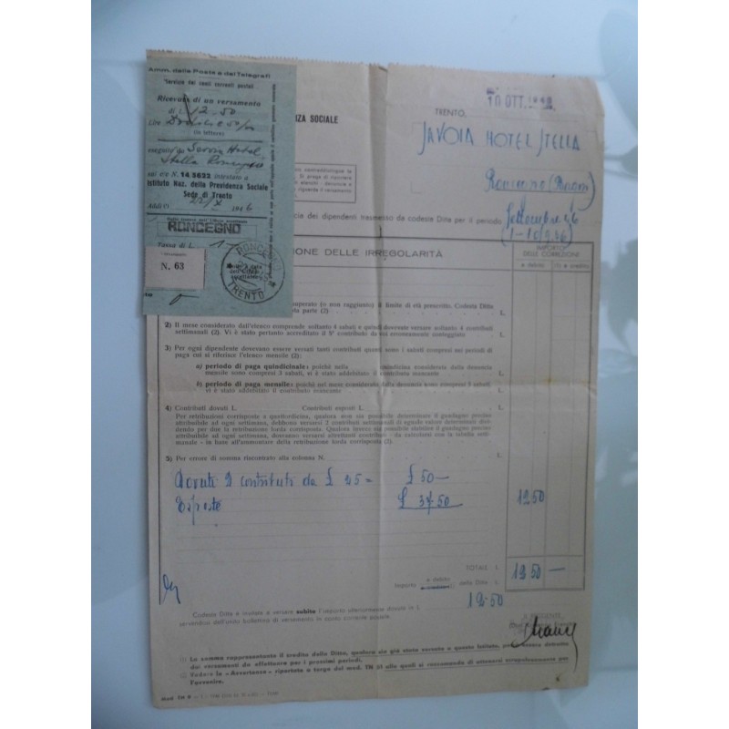 Istituto Nazionale della Previdenza Sociale TRENTO - HOTEL SAVOIA RONCEGNO IRREGOLARITA'  10 Ottobre 1946