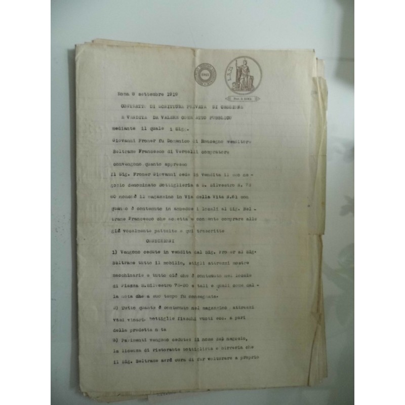Documenti "CONTRATTO DI SCRITTURA PRIVATA CESSIONE E VENDITA BOTTIGLIERIA S. SILVESTRO ROMA 1915"