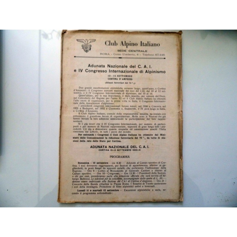 Club Alpino Italiano SEDE CENTRALE Adunata Nazionale  del C.A.I. e IV Congresso Internazionale di Apinismo 10 - 13 Settembre COR