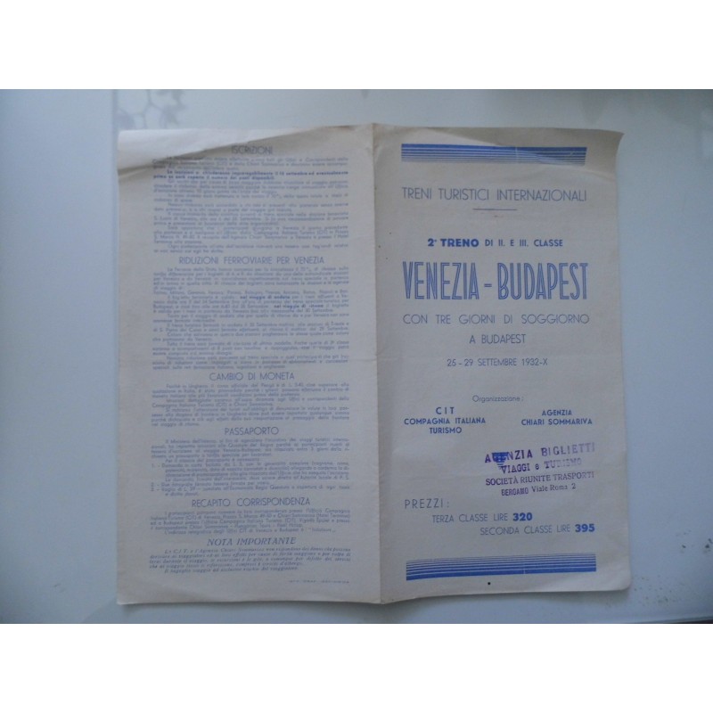 TRENI TURISTICI INTERNAZIONALI  VENEZIA - BUDAPEST  CON TRE GIORNI DI SOGGIORNO A BUDAPEST 25 - 29 SETTEMBRE 1932 - X