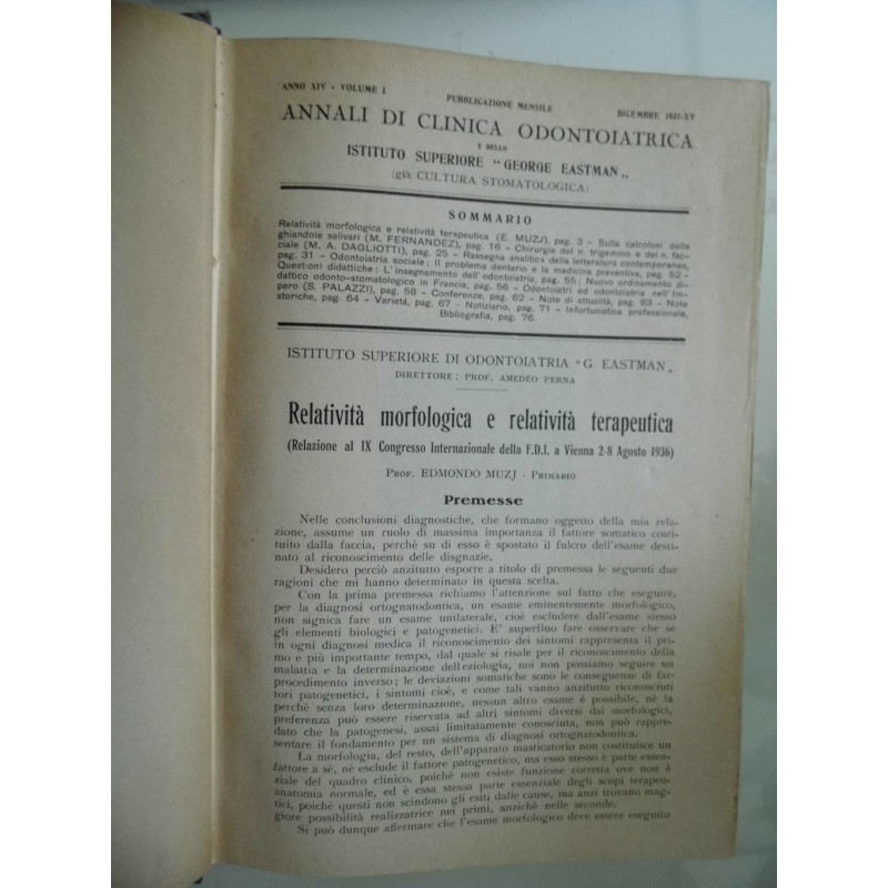 ANNALI DI CLINICA ODONTOIATRICA E DELLO ISTITUTO SUPERIORE "GEORGE EASTMAN" Anno XVI Volume I 1937