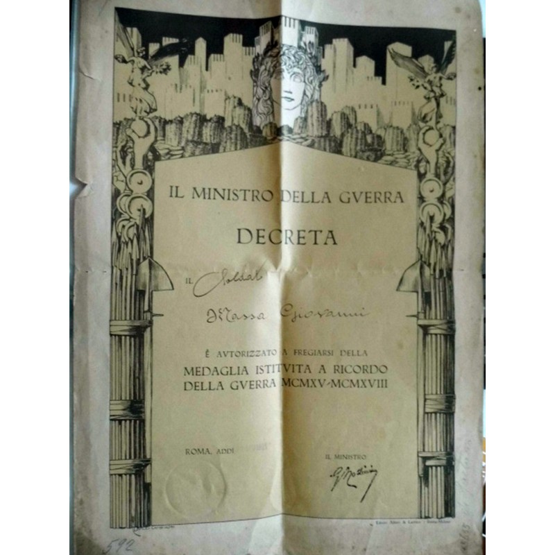 "IL MINISTERO DELLA GUERRA DECRETA IL SOLDATO  MASSA GIOVANNI A FREGIARSI DELLA MEDAGLIA ISTITUITA A RICORDO DELLA GUERRA MCMXV 