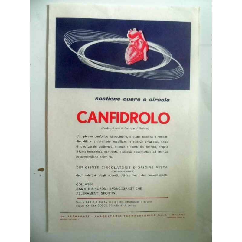 Volantino Pubblicitario "CANFIDROLO  - RECORDATI LABORATORIO FARMACOLOGICO S.P.A. MILANO"