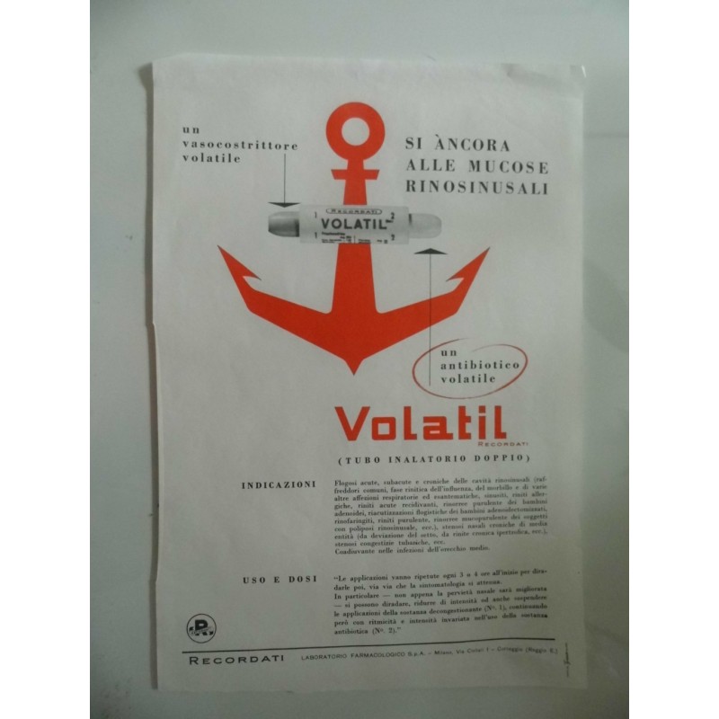 Volantino Pubblicitario "VOLATIL   - RECORDATI LABORATORIO FARMACOLOGICO S.P.A. MILANO"