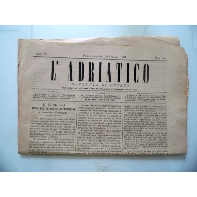 Giornale "L'ADRIATICO Anno VI Pesaro Mercoledì 29 Ottobre 1884 Num. 44"