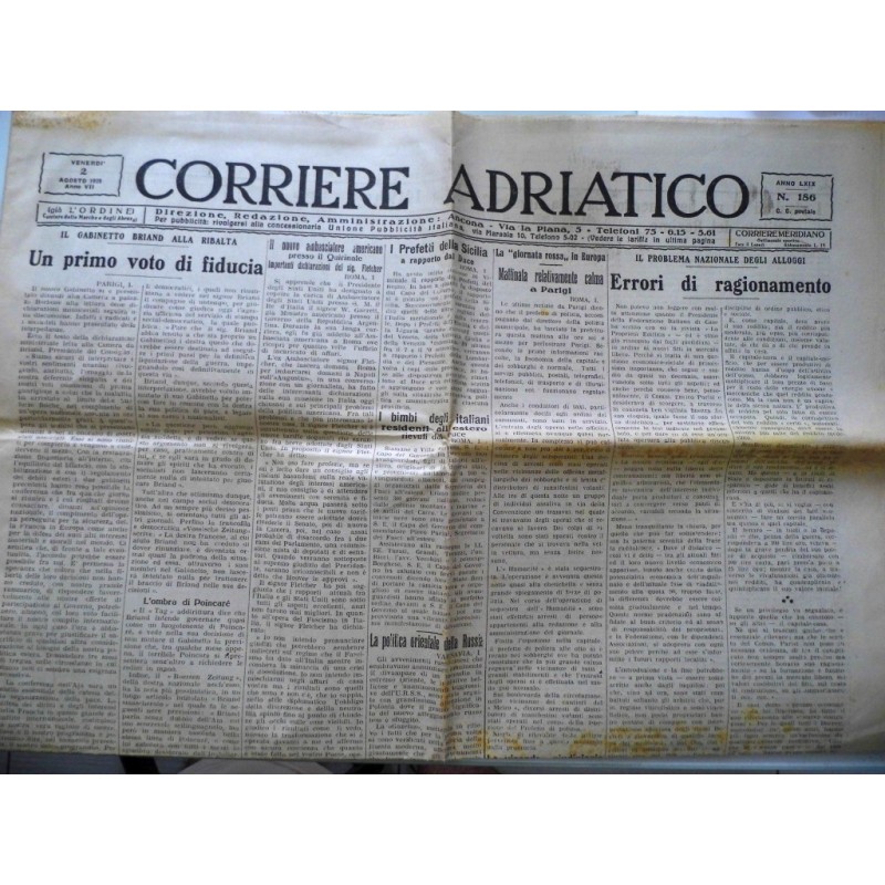 CORRIERE ADRIATICO Venerdì 2 Agosto 1929 Anno VII  N. 186 Anno LXIX