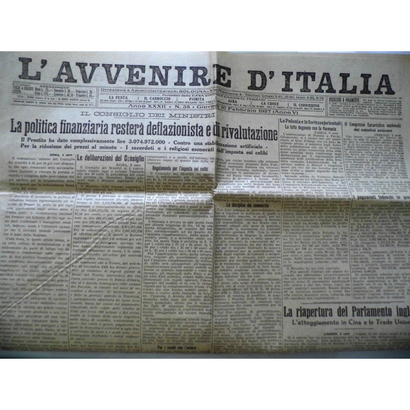 L' AVVENIRE D'ITALIA Anno XXXII n. 35 Giovedì 10 Febbraio 1927 ( Anno V )