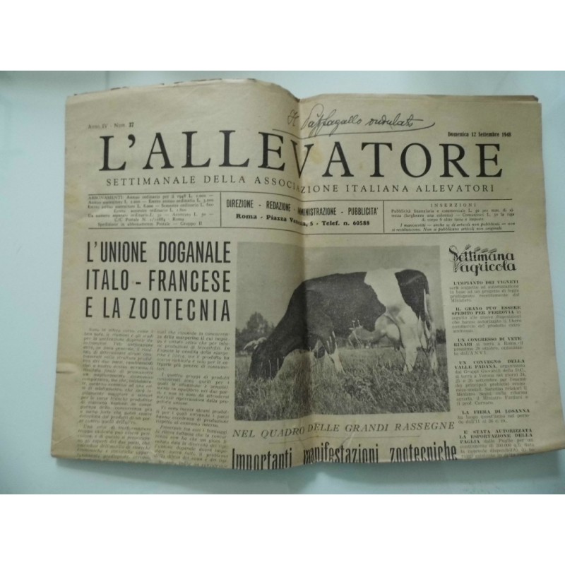 L' ALLEVATORE Settimanale dell'Associazione Italiana Allevatori Anno IV Numero 37 Domenica 12 Settembre 1948