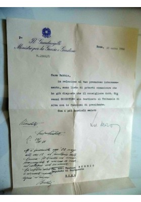 Lettera "IL GUARDASIGILLI MINISTRO PER LA GRAZIA E GIUSTIZIA -  ALDO MORO" 26 Marzo 1956