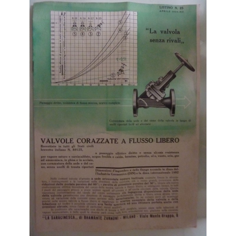 VALVOLE A FLUSSO LIBERO LISTINO  n.° 25 APRILE 1934  - XII  "LA SARACINESCA" di BRAMANTE ZANNONI, MILANO