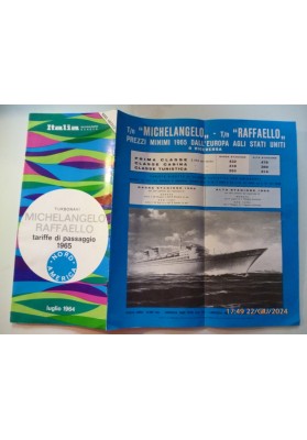 Pieghevole "ITALIA NAVIGAZIONE GENOVA TURBONAVI MICHELANGELO RAFFAELLO tariffe di passaggio 1965 NORD AMERICA"