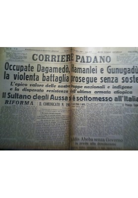 CORRIERE PADANO Il Sultano degli Aussa è sottomesso all'Italia Ferrara 28 Aprile 1936  Anno XIV