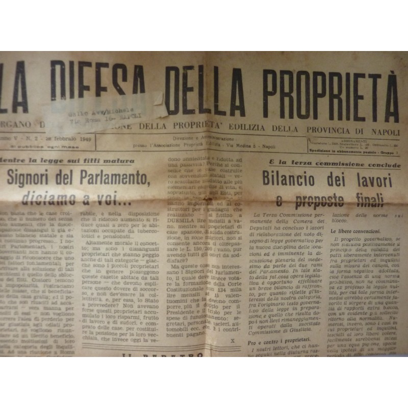 LA  DIFESA DELLA PROPRIETA' Organo dell'Associazione della Proprietà Edilizia della Provincia di Napoli Anno V n.° 2 28 Febbraio