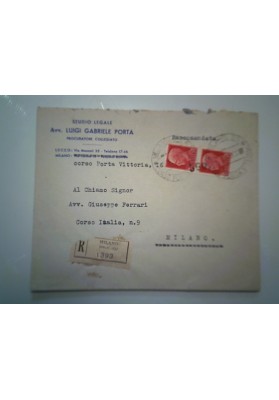 Busta Viaggiata per Milano "STUDIO LEGALE Avv. LUIGI GABRIELE PORTA PROCURATORE COLLEGIATO - LECCO, MILANO" 1942