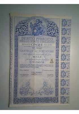 DEBITO PUBBLICO DELLO STATO ITALIANO RENDITA 5% CARTELLA AL PORTATORE 1956