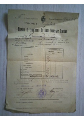 Attestato di Compimento del Corso Elementare Inferiore VESPOLATE  1920