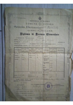 "DIPLOMA DI LICENZA ELEMENTARE E NOVARA" 1943