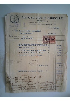 Fattura "Soc. Anon. GIULIO CARDOLLE TORINO 1924"