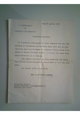 IL PRESIDENTE DEL CONSIGLIO DEI MINISTRI Roma 6 Agosto 1921