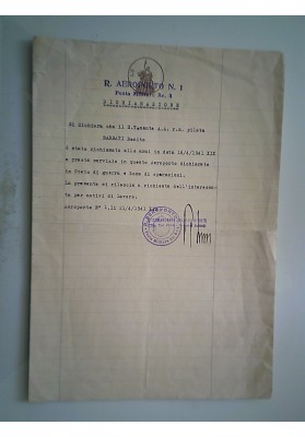AEROPORTO N.° 1 Posta Militare Re. 4 DICHIARAZIONE Pilota Regia Aeronautica 1941