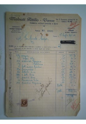 MALNATI ATTILIO - VARESE FABBRICA ACQUE GASOSE E SELTZ 28 Luglio 1938