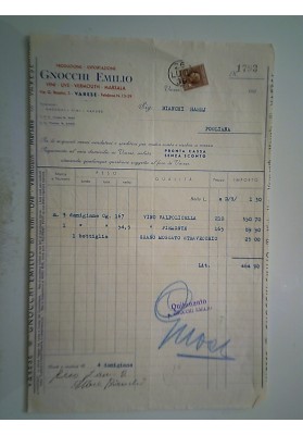 GNOCCHI EMILIO VINI - UVE - VERMOUTH - MARSALA VARESE 26 Luglio 1939