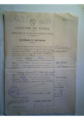 COMUNE DI ROMA Direz. di Statistica e Stato Civile CERTIFICATO MATRIMONIO 1906