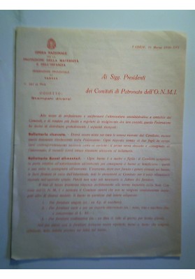 OPERA NAZIONALE PER LA PROTEZIONE DELLA MATERNITA' E DELLA INFANZIA Varese 16 Marzo 1938 - XVI